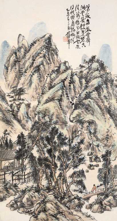 蒲华 1895年作 春山行旅图 立轴